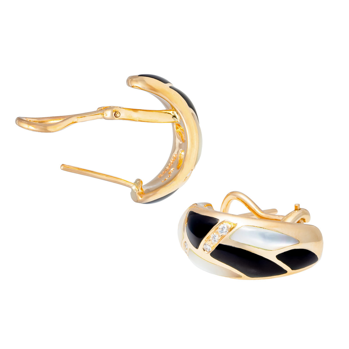 Kabana .12 Carat Diamond Onyx Mother of Pearl Yellow Gold Earrings – image 4