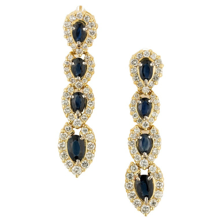 2.30 Carat Blue Oval Sapphire Diamond Halo Yellow Gold Dangle Earrings