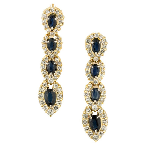 2.30 Carat Blue Oval Sapphire Diamond Halo Yellow Gold Dangle Earrings