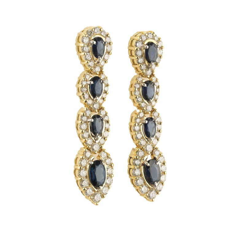 2.30 Carat Blue Oval Sapphire Diamond Halo Yellow Gold Dangle Earrings – image 2