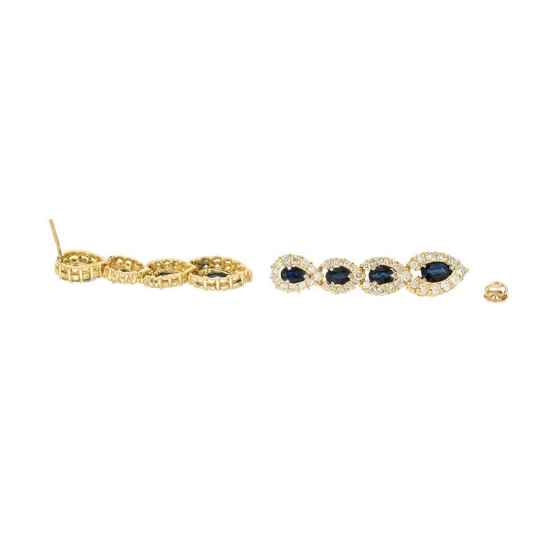 2.30 Carat Blue Oval Sapphire Diamond Halo Yellow Gold Dangle Earrings – image 3
