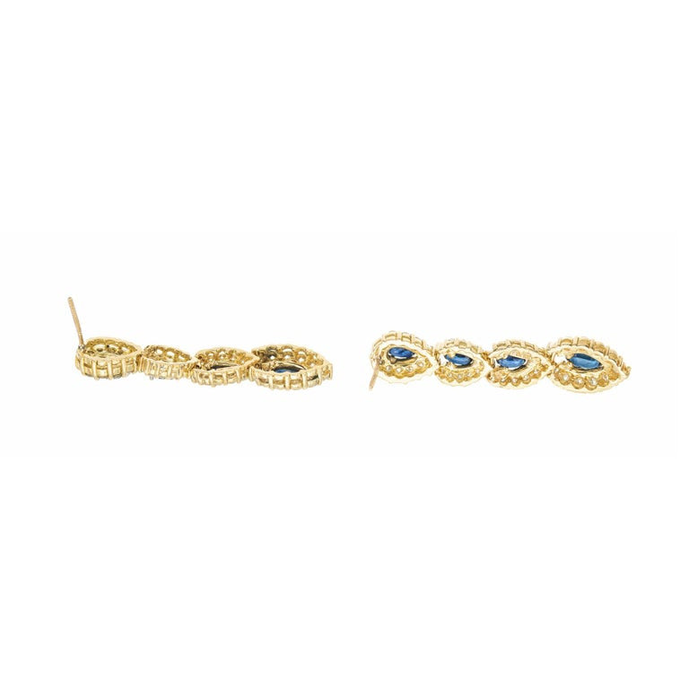 2.30 Carat Blue Oval Sapphire Diamond Halo Yellow Gold Dangle Earrings – image 4