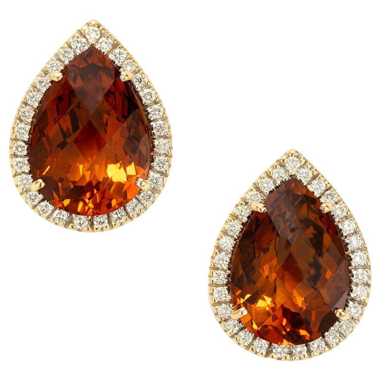 8.45 Carat Pear Citrine Diamond Halo Yellow Gold Earrings