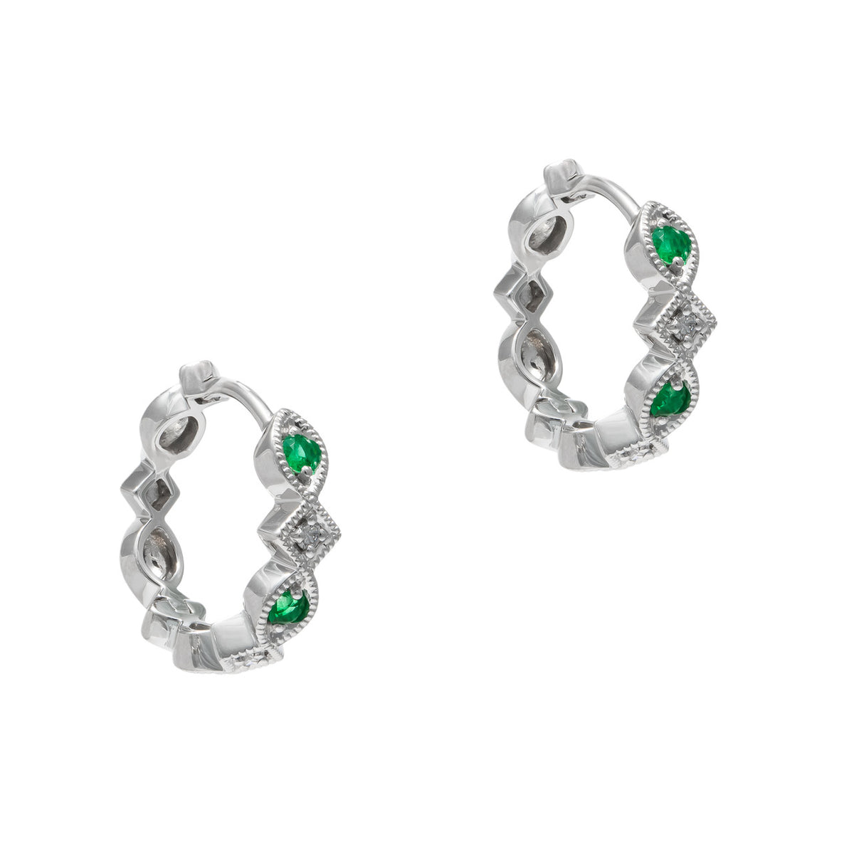 Peter Suchy .18 Carat Emerald Diamond White Gold Hoop Earrings
