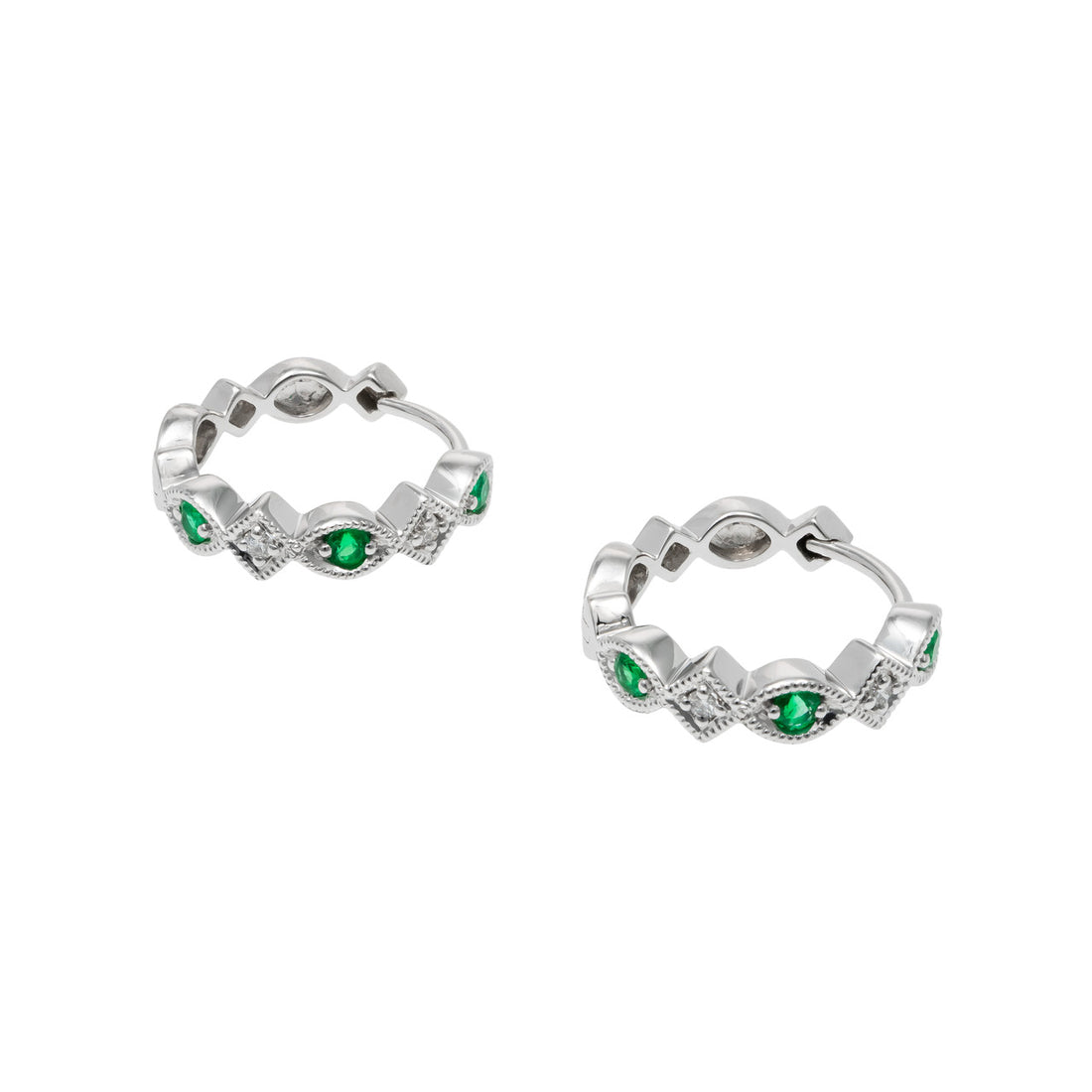 Peter Suchy .18 Carat Emerald Diamond White Gold Hoop Earrings – image 3