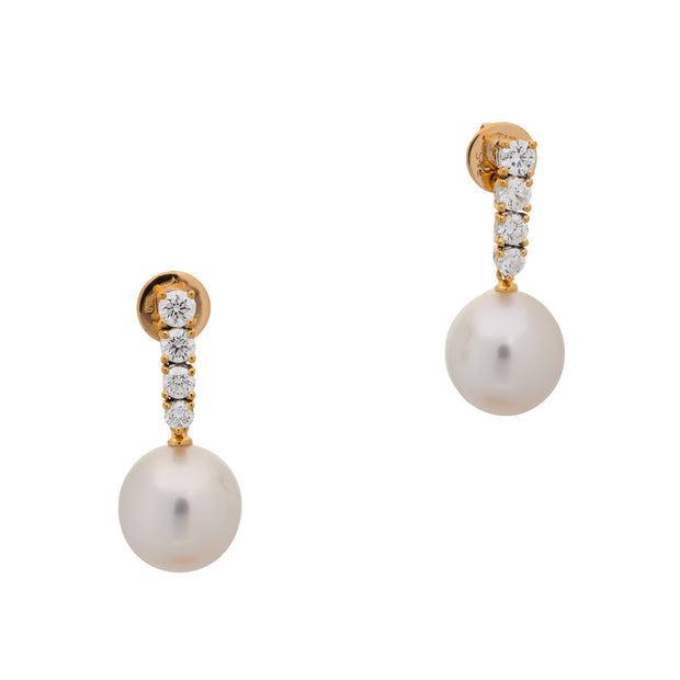 .80 Carat Diamond South Sea Pearl Yellow Gold Dangle Earrings