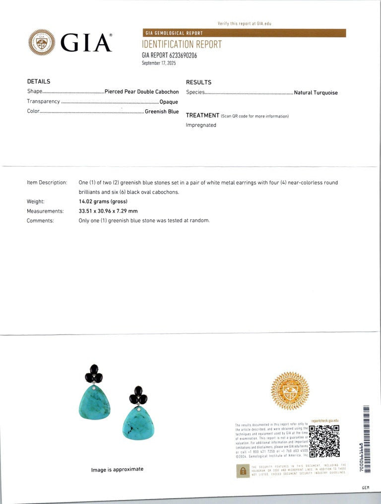 GIA Certified Turquoise Onyx Diamond White Gold Dangle Earrings – image 3