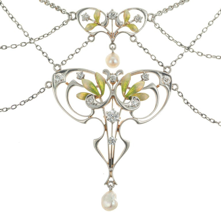 Krementz GIA Certified Pearl Diamond Platinum Gold Art Nouveau Pendant Necklace – image 4