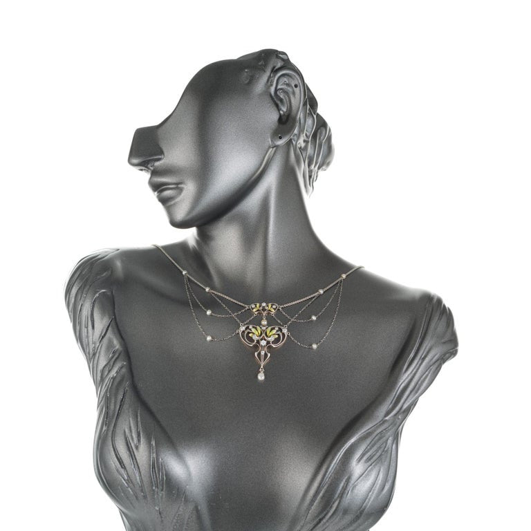 Krementz GIA Certified Pearl Diamond Platinum Gold Art Nouveau Pendant Necklace – image 7