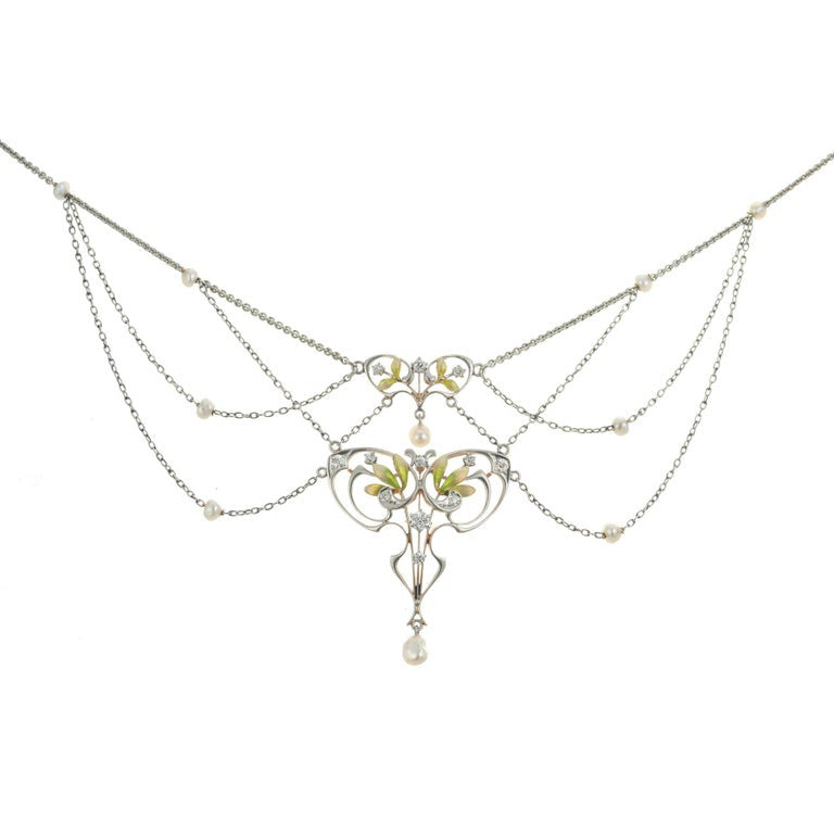 Krementz GIA Certified Pearl Diamond Platinum Gold Art Nouveau Pendant Necklace – image 8