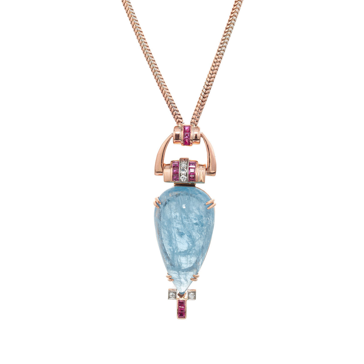 61.58 Carat Pear Aquamarine Ruby Diamond Rose Gold Retro Pendent Necklace