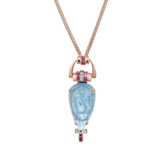 61.58 Carat Pear Aquamarine Ruby Diamond Rose Gold Retro Pendent Necklace