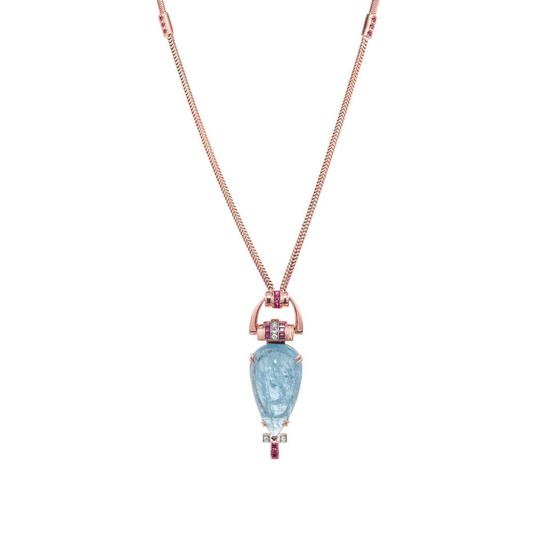 61.58 Carat Pear Aquamarine Ruby Diamond Rose Gold Retro Pendent Necklace – image 2
