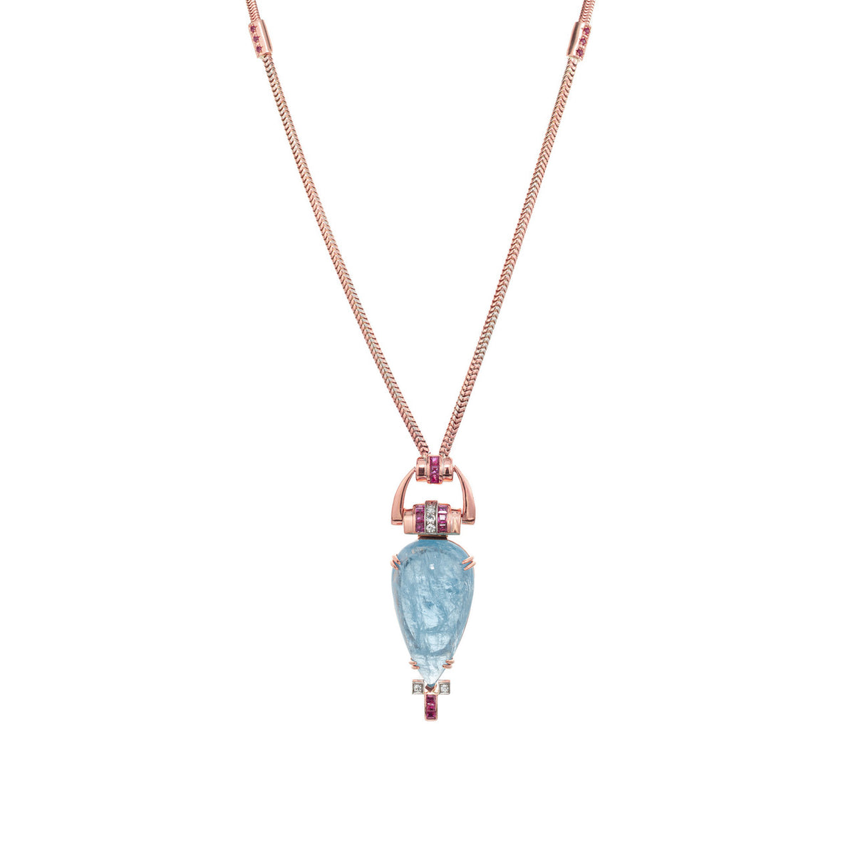 61.58 Carat Pear Aquamarine Ruby Diamond Rose Gold Retro Pendent Necklace – image 2