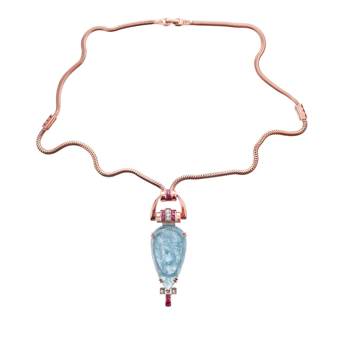 61.58 Carat Pear Aquamarine Ruby Diamond Rose Gold Retro Pendent Necklace – image 3