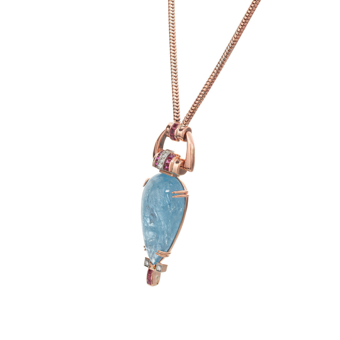 61.58 Carat Pear Aquamarine Ruby Diamond Rose Gold Retro Pendent Necklace – image 4