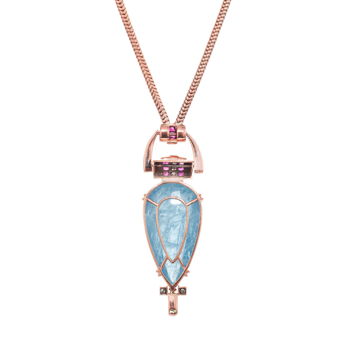 61.58 Carat Pear Aquamarine Ruby Diamond Rose Gold Retro Pendent Necklace – image 5