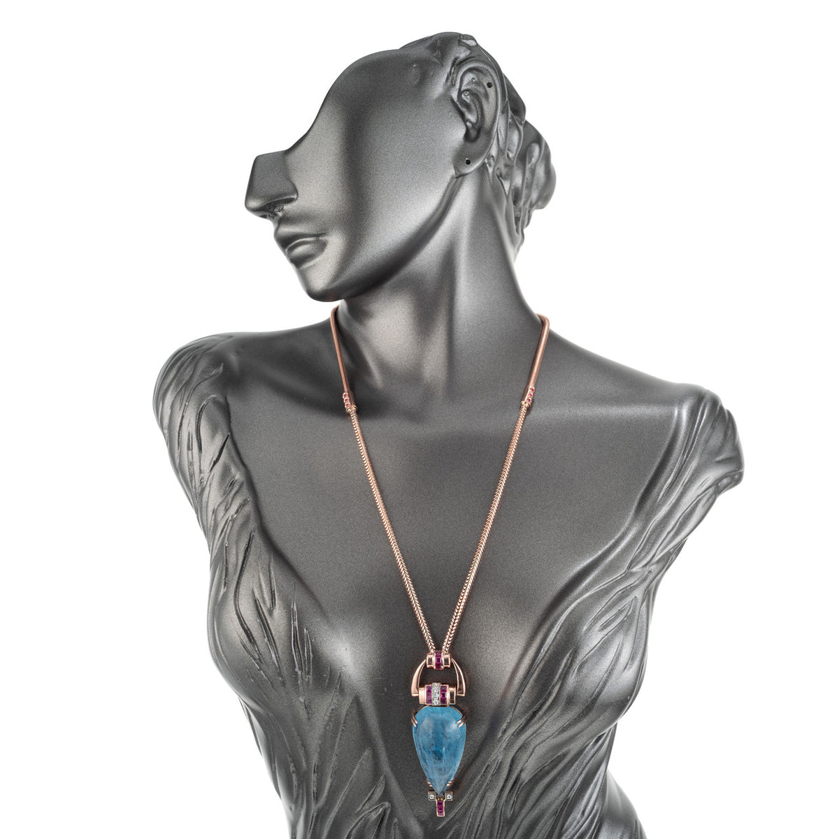 61.58 Carat Pear Aquamarine Ruby Diamond Rose Gold Retro Pendent Necklace – image 6