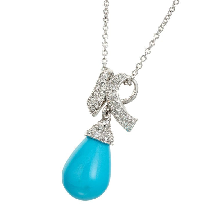 GIA Certified Turquoise Diamond White Gold Dangle Pendant Necklace – image 2