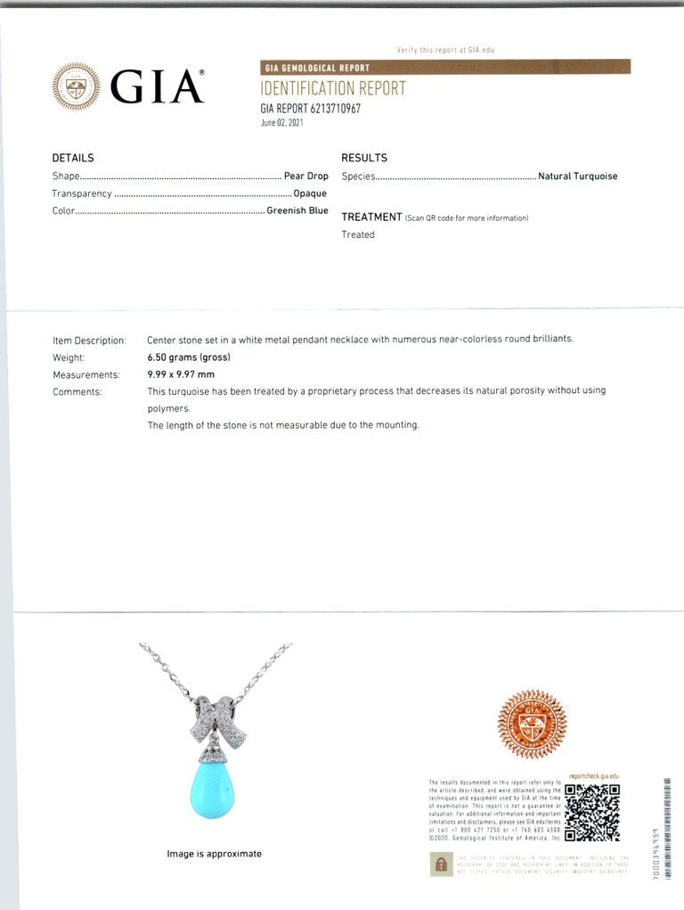 GIA Certified Turquoise Diamond White Gold Dangle Pendant Necklace – image 3