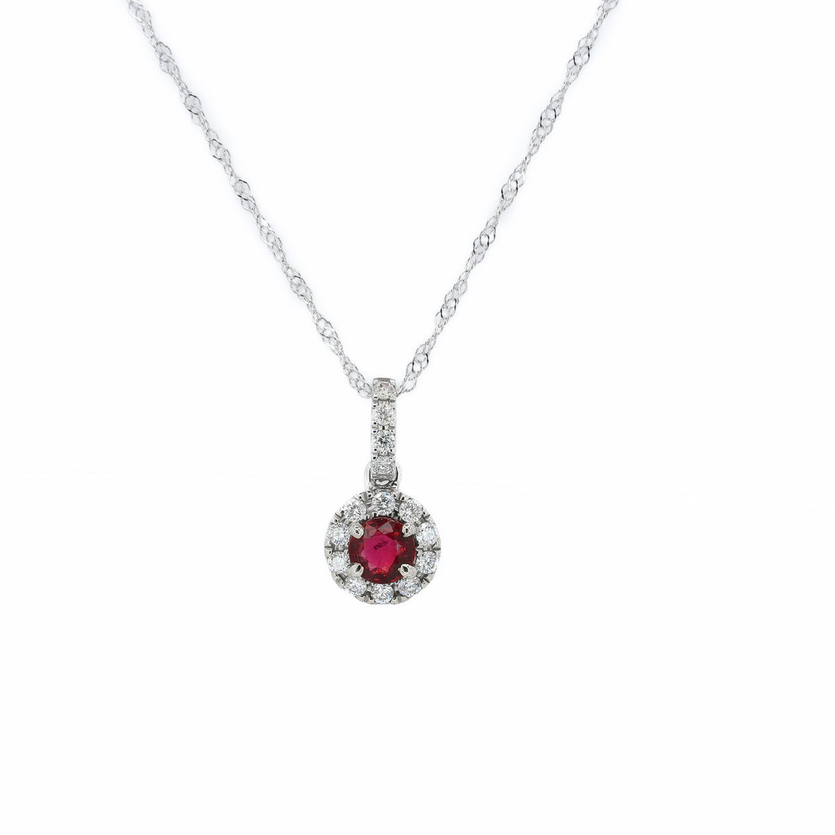 Peter Suchy .31 Carat Ruby Diamond White Gold Halo Pendant Necklace