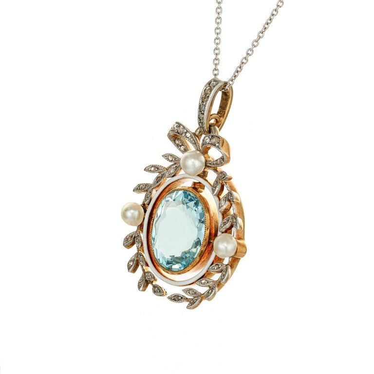 GIA Certified 7.00 Carat Aqua Peal Diamond Platinum Victorian Pendant Necklace – image 3