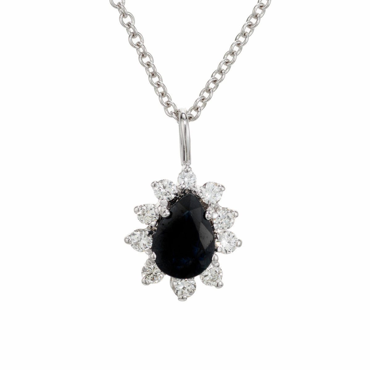 .50 Carat Pear Sapphire Round Diamond Halo 18k White Gold Pendant Necklace