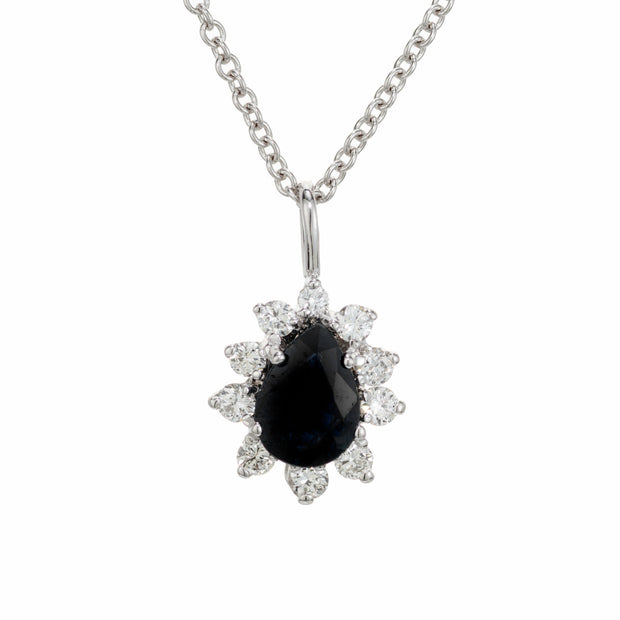 .50 Carat Pear Sapphire Round Diamond Halo 18k White Gold Pendant Necklace