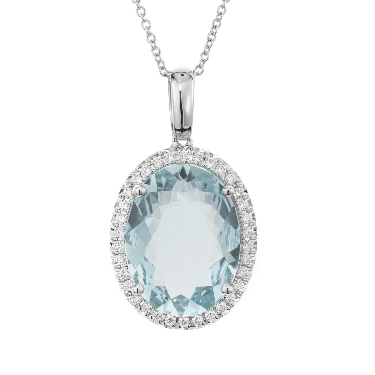 6.09 Carat Oval Aquamarine Diamond Halo Pendant Necklace
