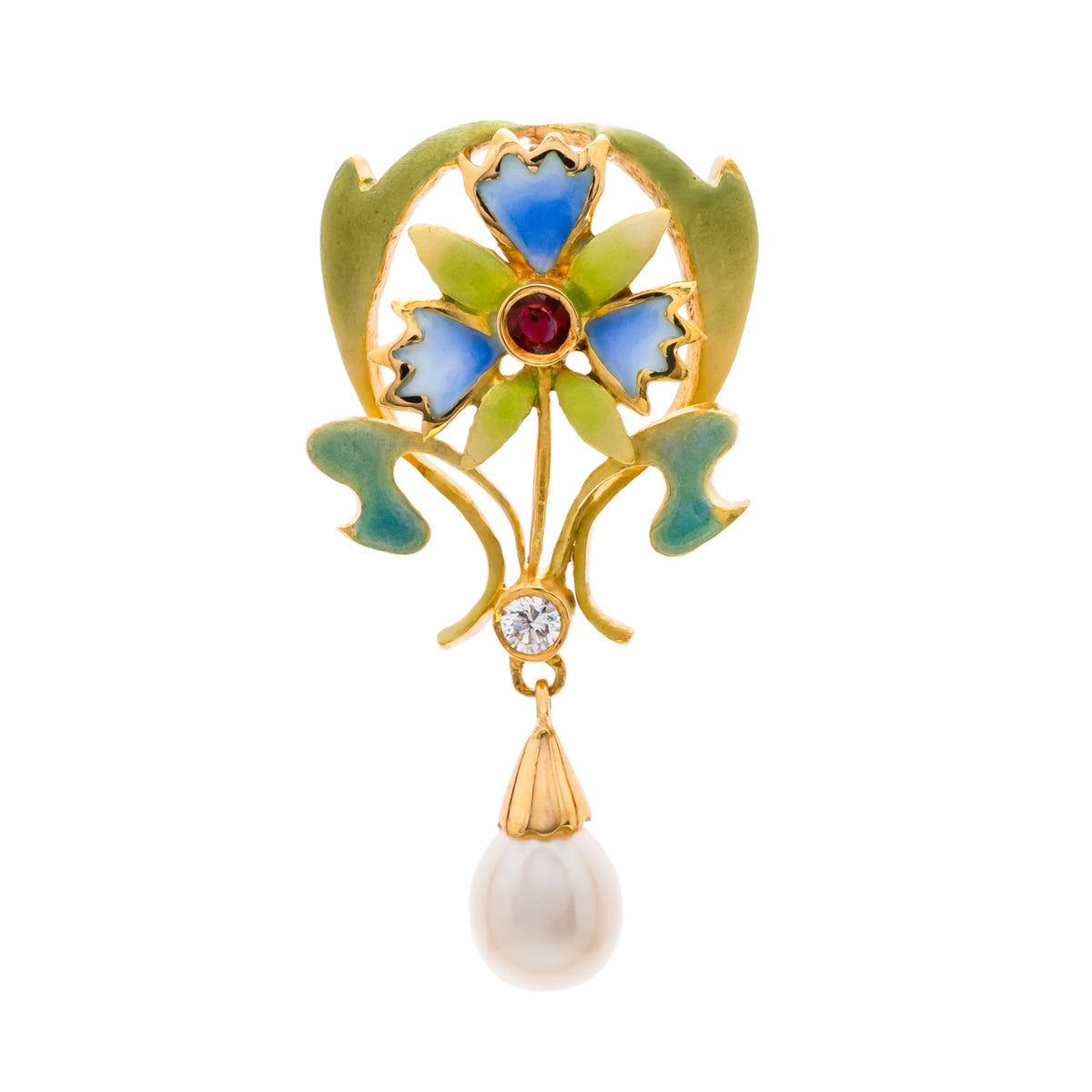 .8 Carat Diamond Ruby Pearl Yellow Gold Enamel Flower Pendant