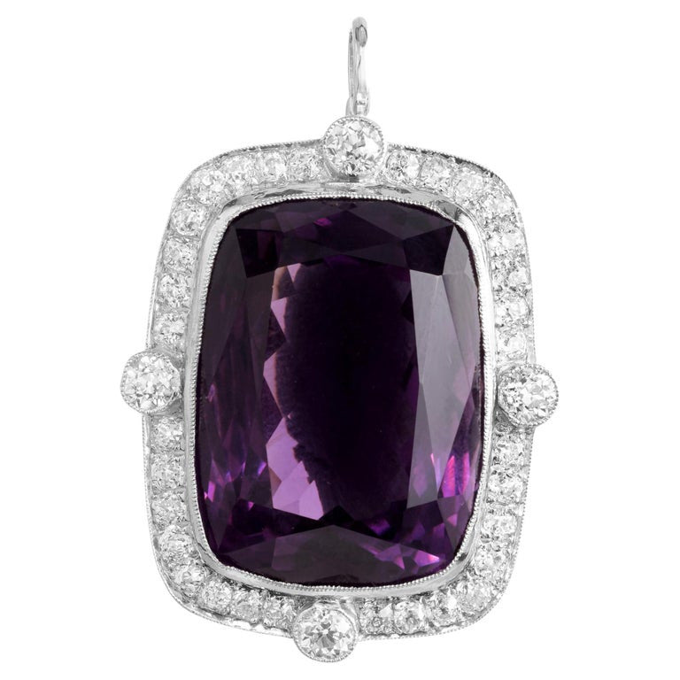 29.54 Carat Cushion Cut Amethyst Diamond Halo Platinum Art Deco Pendant Brooch