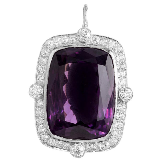 29.54 Carat Cushion Cut Amethyst Diamond Halo Platinum Art Deco Pendant Brooch