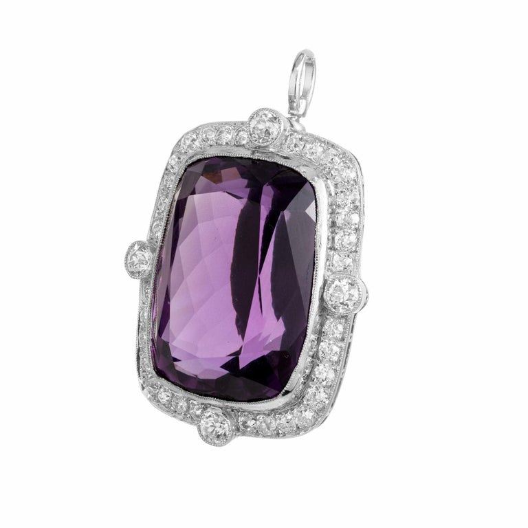 29.54 Carat Cushion Cut Amethyst Diamond Halo Platinum Art Deco Pendant Brooch – image 2