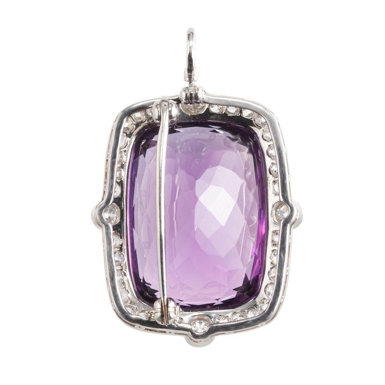 29.54 Carat Cushion Cut Amethyst Diamond Halo Platinum Art Deco Pendant Brooch – image 3