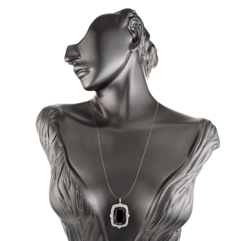 29.54 Carat Cushion Cut Amethyst Diamond Halo Platinum Art Deco Pendant Brooch – image 6