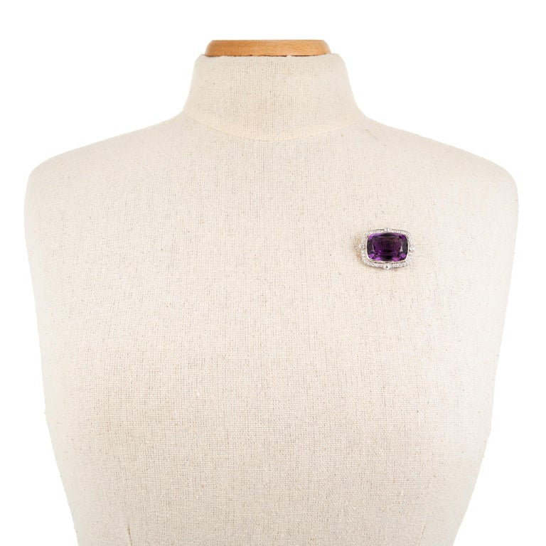 29.54 Carat Cushion Cut Amethyst Diamond Halo Platinum Art Deco Pendant Brooch – image 7