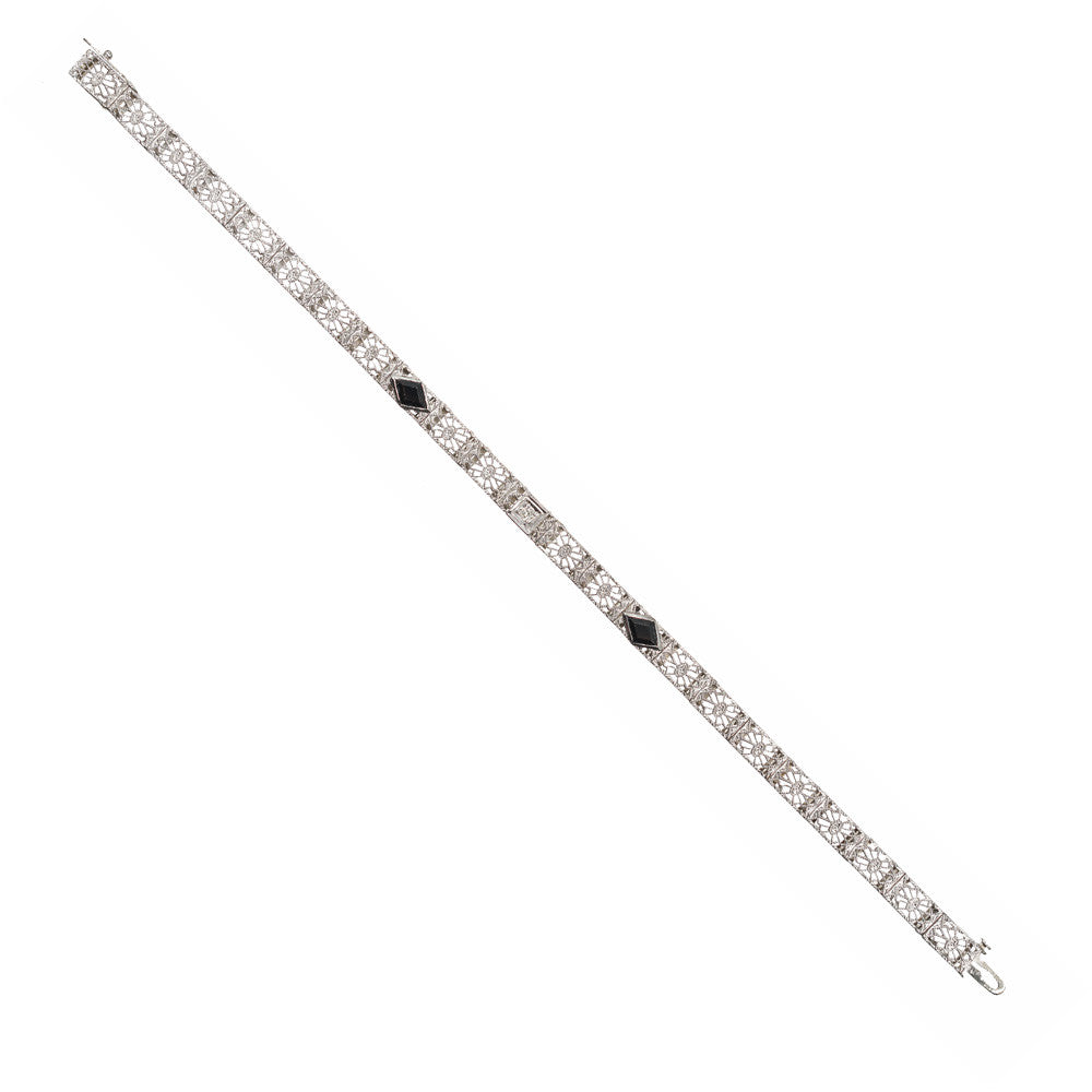 Art Deco .25 Carat Diamond Onyx White Gold Filagree Bracelet