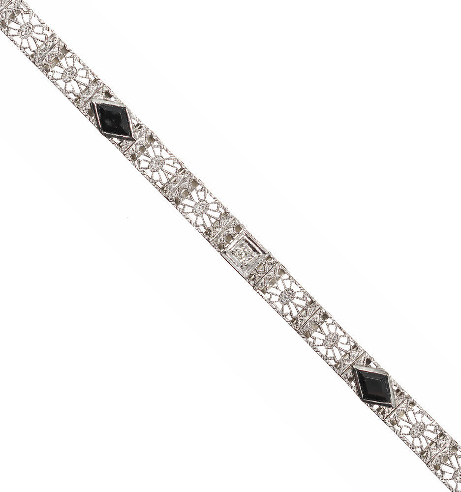 Art Deco .25 Carat Diamond Onyx White Gold Filagree Bracelet – image 2
