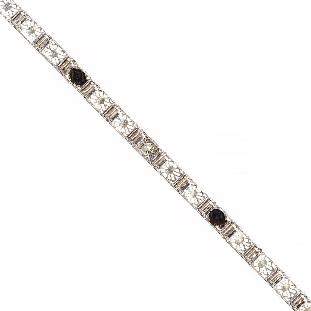Art Deco .25 Carat Diamond Onyx White Gold Filagree Bracelet – image 4