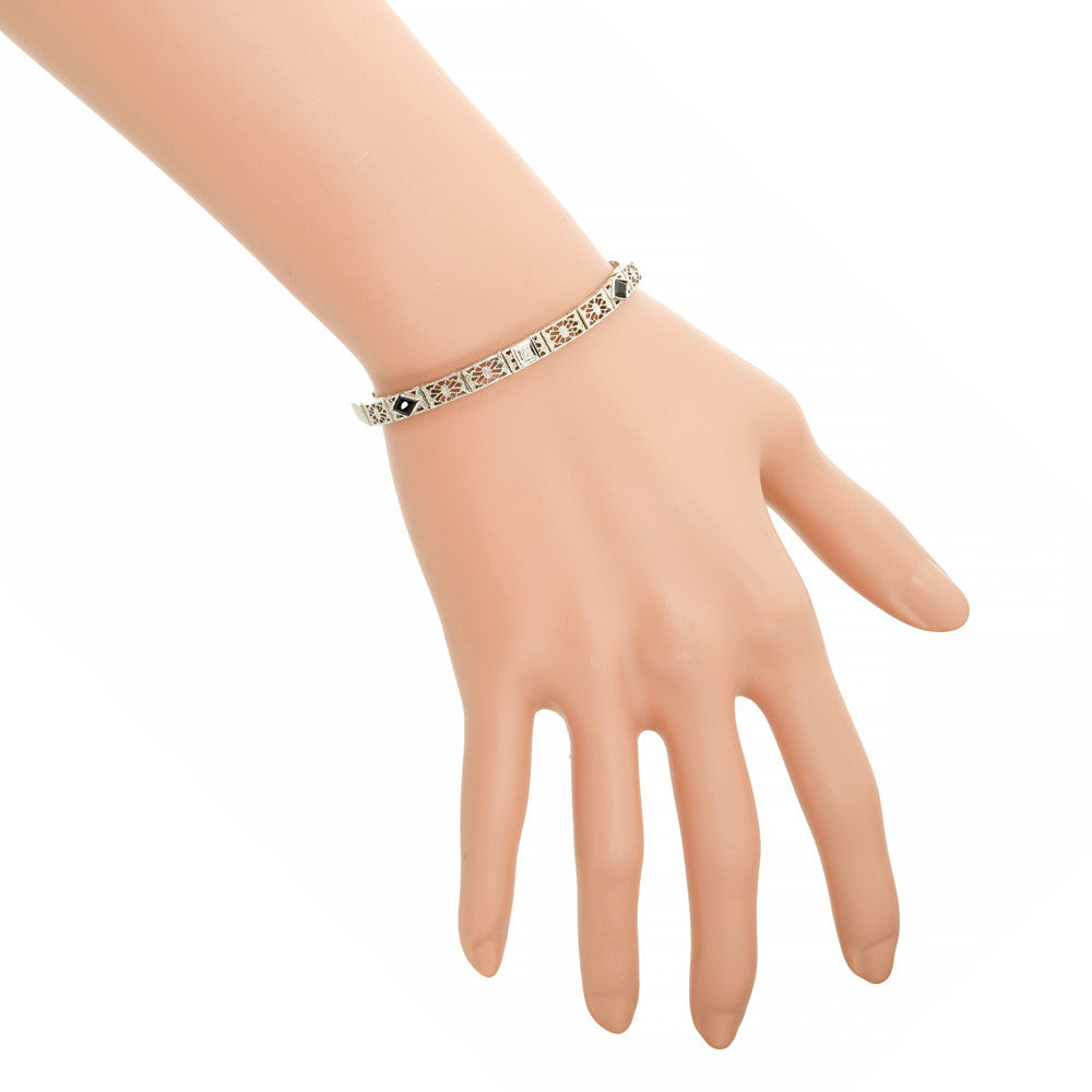 Art Deco .25 Carat Diamond Onyx White Gold Filagree Bracelet – image 6