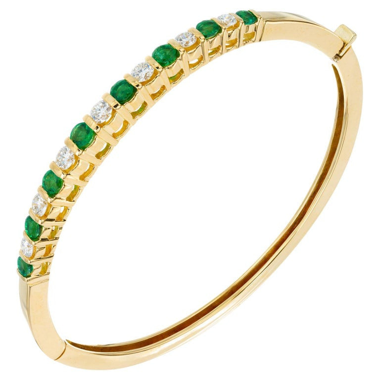 1.20 Carat Emerald Diamond Bar Set Yellow Gold Hinged Bangle Bracelet – image 8