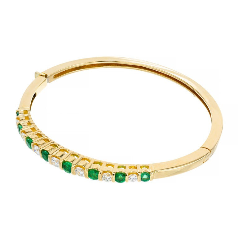 1.20 Carat Emerald Diamond Bar Set Yellow Gold Hinged Bangle Bracelet – image 2