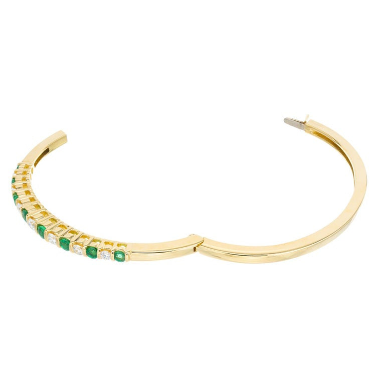 1.20 Carat Emerald Diamond Bar Set Yellow Gold Hinged Bangle Bracelet – image 3