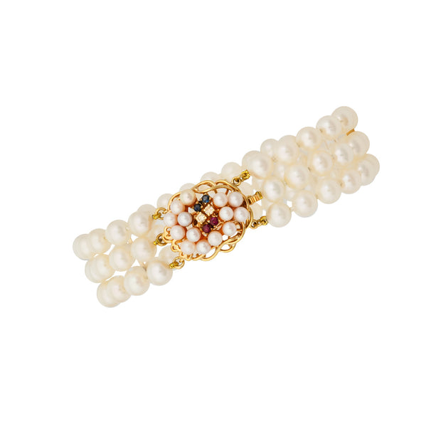 Triple Strand Cultured Pearl Sapphire Ruby Diamond Bracelet