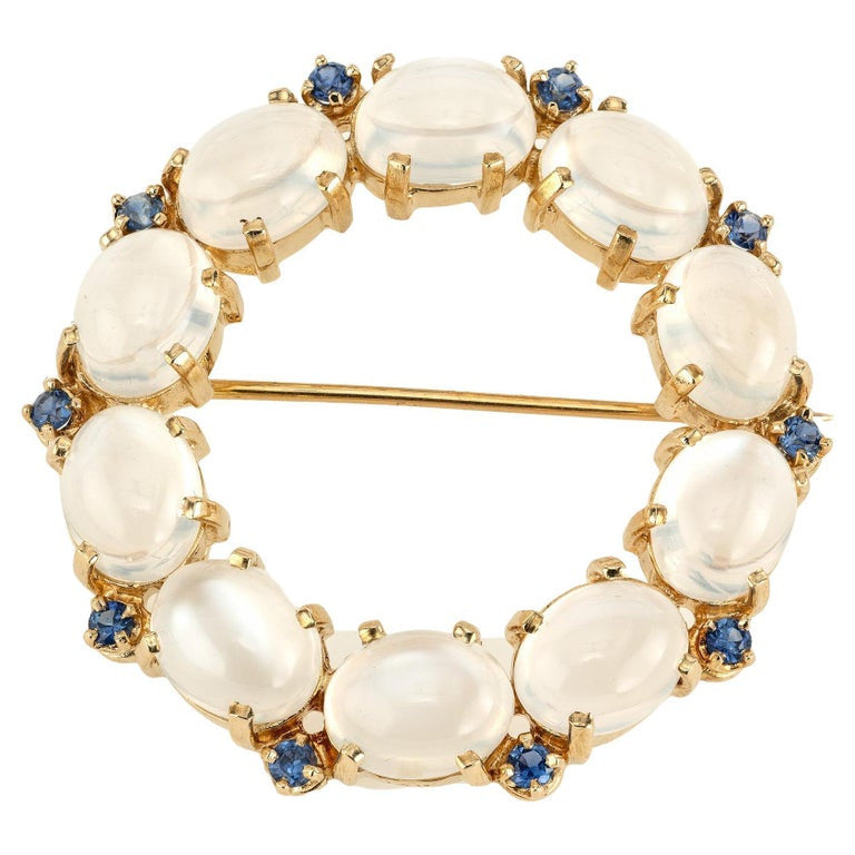 15.00 Carat Oval Moonstone Round Sapphire Yellow Gold Circle Brooch