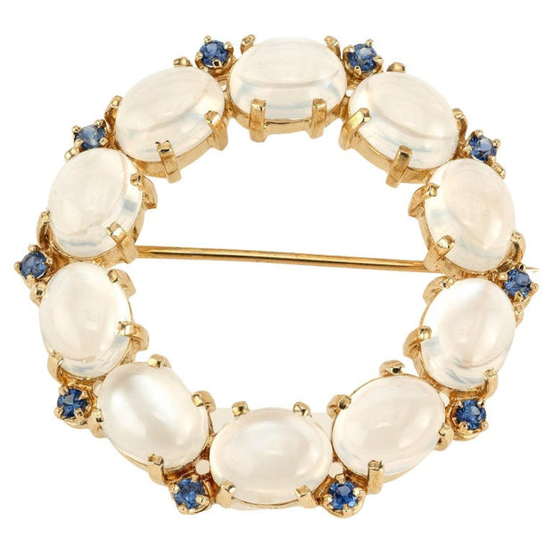 15.00 Carat Oval Moonstone Round Sapphire Yellow Gold Circle Brooch