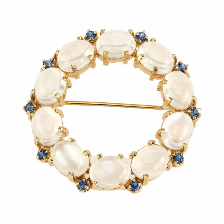 15.00 Carat Oval Moonstone Round Sapphire Yellow Gold Circle Brooch – image 2