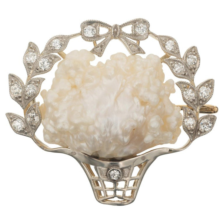 GIA Certified Freshwater Pearl Diamond Yellow Gold Silver Brooch