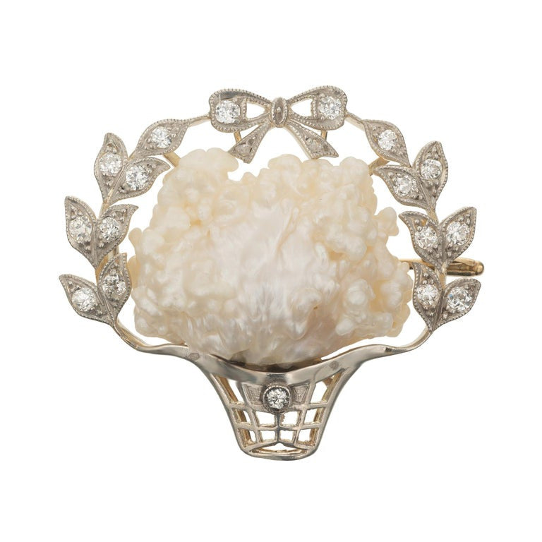 GIA Certified Freshwater Pearl Diamond Yellow Gold Silver Brooch – image 2