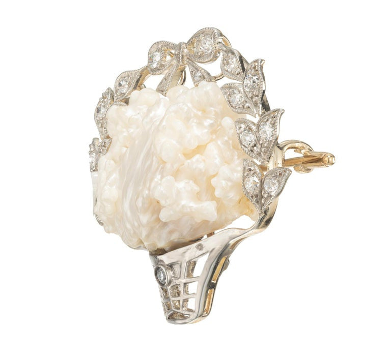 GIA Certified Freshwater Pearl Diamond Yellow Gold Silver Brooch – image 4